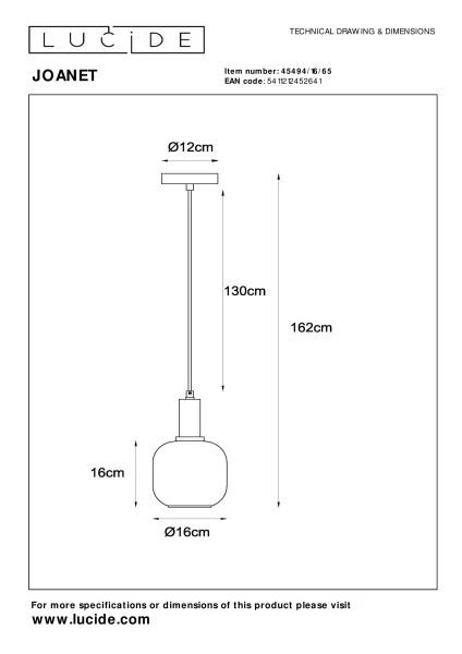 Lucide JOANET - Pendant light - Ø 16 cm - 1xE27 - Smoke Grey - technical